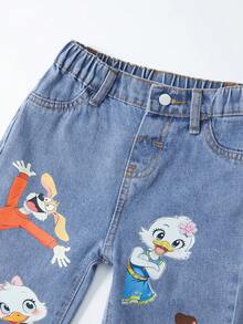 SHEIN Playful Pals Quần jean ống đứng dáng rộng màu xanh nhạt họa tiết động vật dễ thương dành cho bé gái mới biết đi, phù hợp mặc hàng ngày và mùa tựu trường - Rửa trung bình - Xem 6