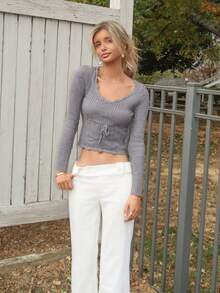 Women's Solid Color Waist Tie Hollow Out Long Sleeve Sweater,Cute Top,Tops For Going Out,Casual Tops Women,Business Casual Woman,Classy Outfits For Women,Old Money Style Women,Fall Outfits For Women