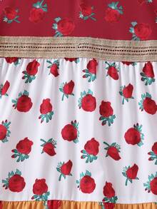 Girls' V-Neck Patchwork Floral Print Long Dress With Colorful Tassel Belt And 3/4 Sleeves, Middle Eastern Style - Multicolor - View 6
