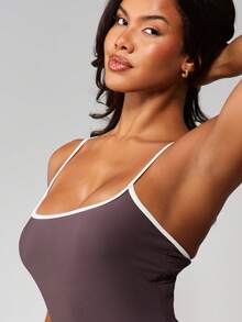 MISSGUIDED Contrast Binding One Piece Scoop Neck Spaghetti Strap Full Coverage Swimsuit High Rise Bottom With White Piping Detail Summer Beach Pool Vacation - Brown - View 4