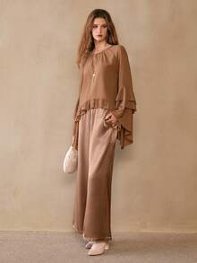 Florisole Women's Romantic Bohemian Loose Ruffled Blouse And Satin Pants 2 Pieces Set, Spring/Autumn - Khaki - View 5