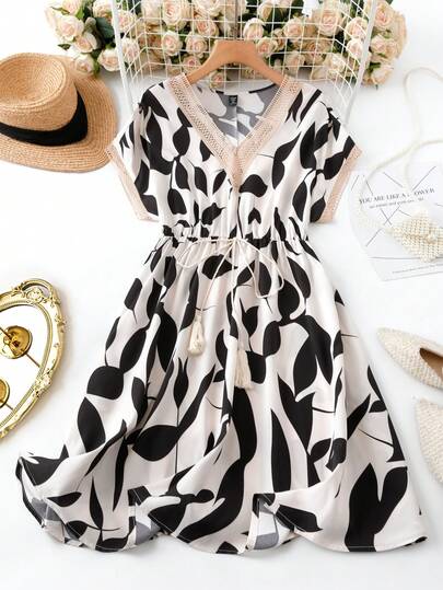 EMERY ROSE Plus Size Casual Allover Print Drawstring Waist Dress