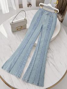 GlowEve 女士休闲百搭喇叭裤脚开衩牛仔裤 - 藍色 - 查看 1