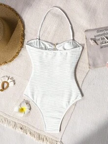 SHEIN Tween Girl Casual Vacation White 1pc Detachable Strap Hollow Starfish Accent Ruched One-Piece Swimsuit, Summer Beach - White - View 7