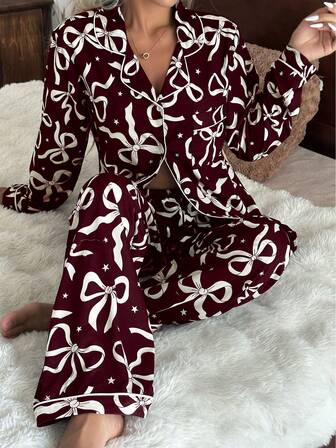 Dream Adore Bow & Star Print Lapel Long Sleeve Pajama Set