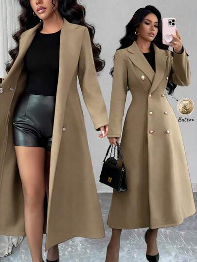 Elenzga Women's Solid Color Double-Breasted Long Sleeve Regular Shoulder Lapel Collar Cinched Waist Regular Jacket