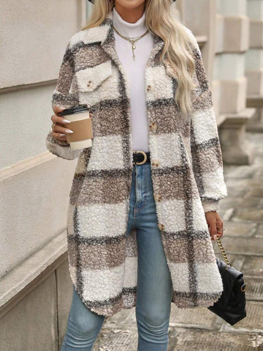 SHEIN PETITE PETITE Women's Autumn/Winter Long Sleeve Double Pocket Plaid Fluffy Jacket - Coffee Brown - View 1