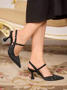 CUCCOO TILAWA Giày cao gót hở lưng mũi nhọn đính đá trang trí cho nữ - màu đen - Xem 2