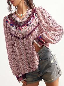 Bohemela 波西米亚风休闲乡村度假风粉色碎花拼接长袖宽松女式衬衫 - 粉色 - 查看 1