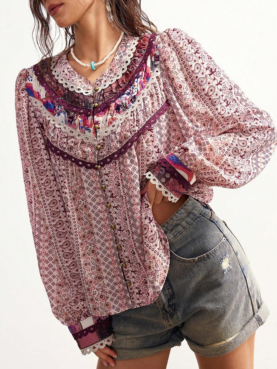 Bohemela 波西米亚风休闲乡村度假风粉色碎花拼接长袖宽松女式衬衫 - 粉色 - 查看 1