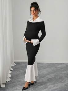 SHEIN Robe de maternité à col chemise, ourlet à volants, taille cintrée, manches longues, décontractée pour les vacances - Noir - Voir 4