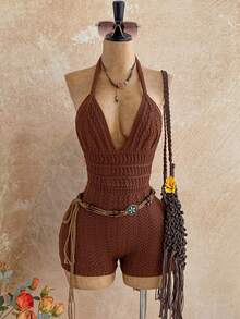 Soleia Macacão Feminino de Tricô Degradê com Decote em V Profundo e Costas Abertas, Sexy e Fashion, Adequado para Festa, Encontro, Chá da Tarde, Férias Boho, Praia - Café - Visão 3