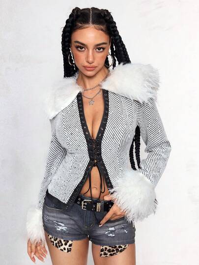 Vintage Hippie Sexy Crop Tie Front Faux Fur Collar Patchwork Jacket