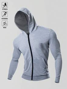 Gym Rark 男友风男士纯色简约休闲连帽长袖夹克外套，拉链休闲纯色长袖夹克慢跑运动夹克健身上衣秋季透气 - 灰色 - 查看 3