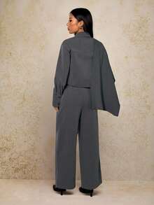 SHEIN PETITE 2pcs Women's High Waist Cinched Waist Trench Coat & Midi Dress Suit, Elegant British Style For Commuting, Autumn/Winter - Grey - View 2