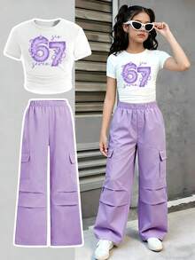 两件套：67数字印花休闲街头风露脐上衣和紫色阔腿工装裤，时尚短袖上衣，百搭休闲装 - 彩色 - 查看 1