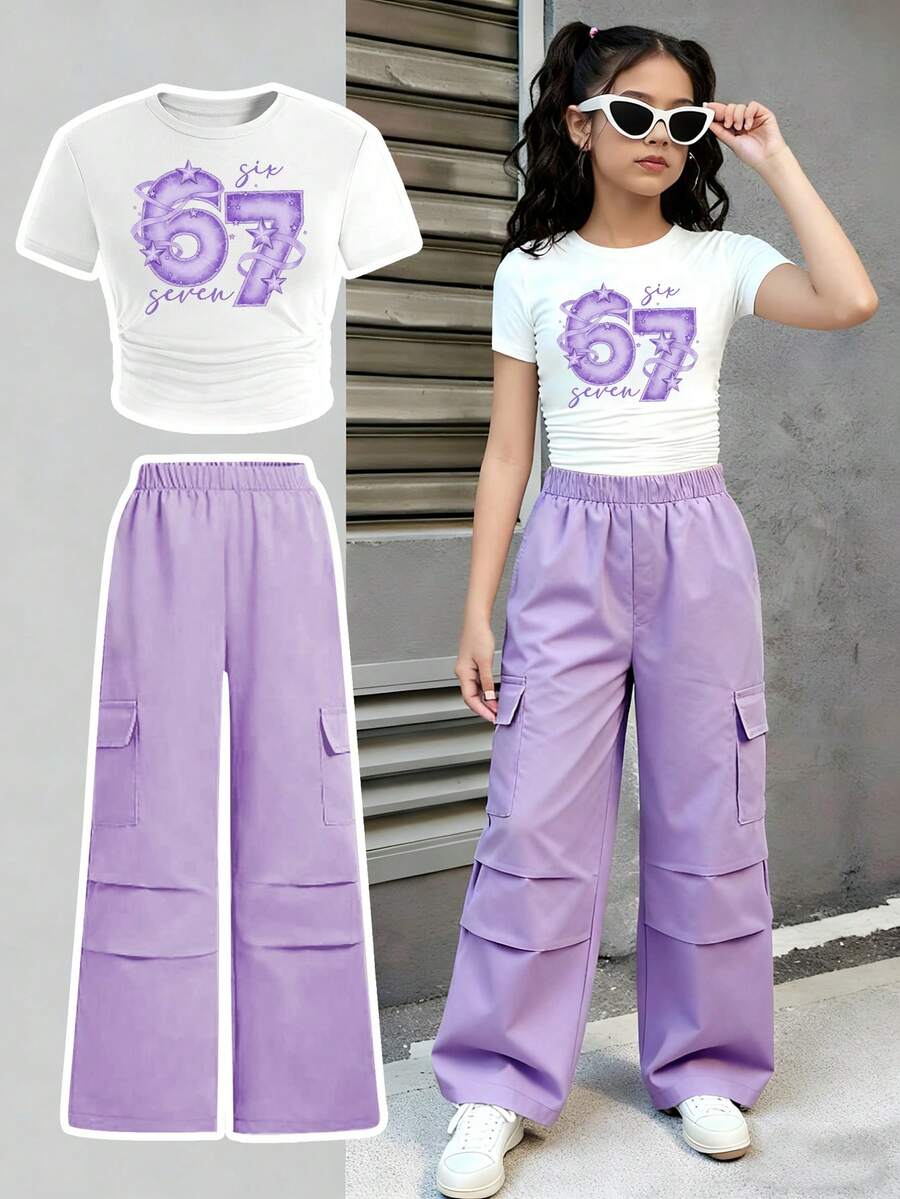 两件套：67数字印花休闲街头风露脐上衣和紫色阔腿工装裤，时尚短袖上衣，百搭休闲装 - 彩色 - 查看 1