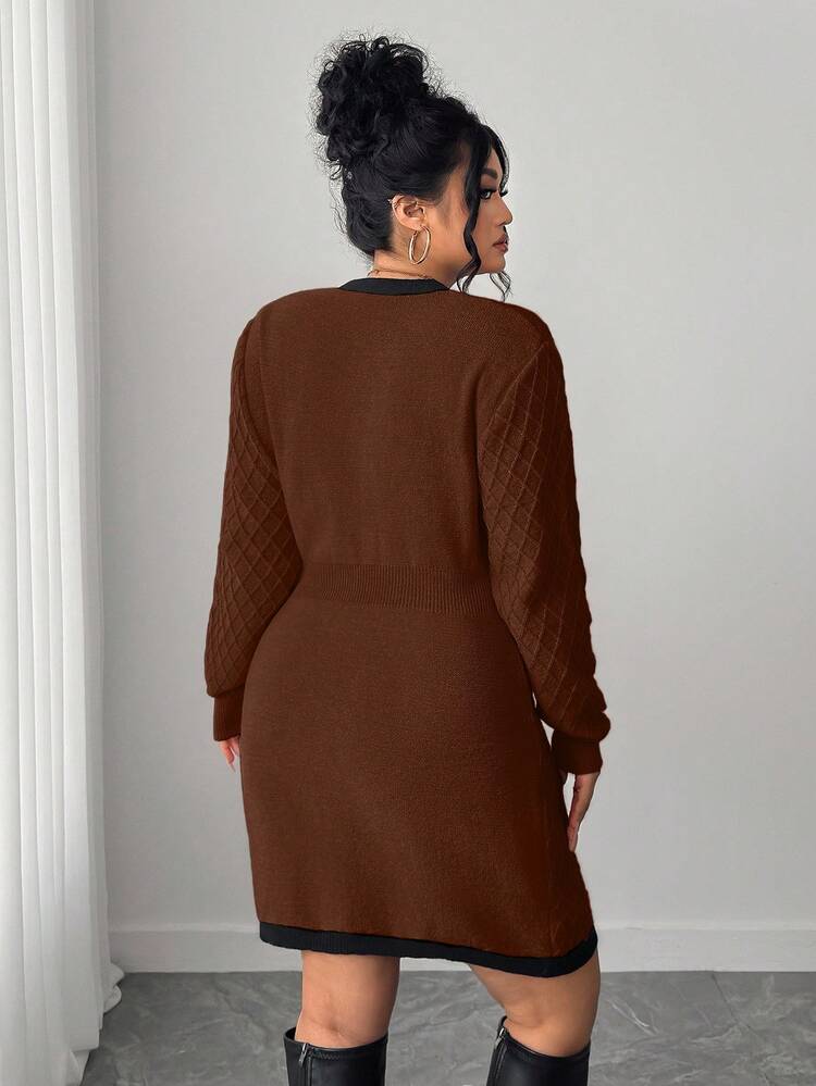 Elenzga Vestido de punto con bloqueo de color y ribete, talla grande, otoño/invierno - Marrón - Añade 2