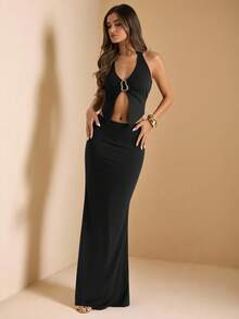 SHEIN BAE 1.春夏女士金属扣装饰挂脖性感裁剪上衣&中低腰美人鱼下摆针织裙2件套，棕色套装，度假套装，露背针织套装 - 黑色 - 查看 6