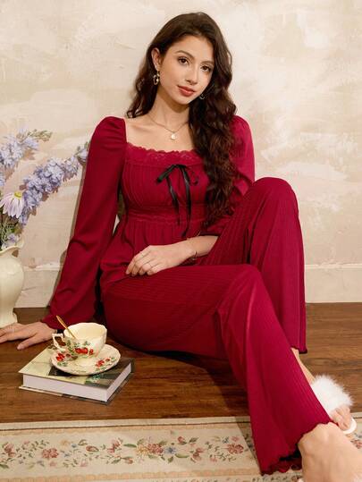 Elegant & Mature Women's Knit Pajama Set, Southern France Style Red Pajamas For Women Burgundy Pajama Set Two Piece Sleepwear Set Sleepwear Women Women Sleepwear Set