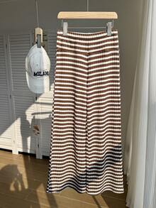 Girls' Casual Striped Pleated Waist Wide-Leg Pants With Striped Print, Brown Striped Flared Pants, Suitable For Daily Outings, Spring And Autumn Pants - Brown - View 2