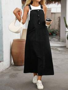 EMERY ROSE Plus Size Loose Washed Denim Pinafore Dress - Black - View 4