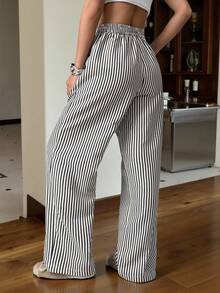 SHEIN EZwear 1 件女式条纹编织阔腿裤 - 黑與白 - 查看 2