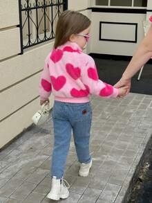 Elladie kids Young Girls' Sweet And Cute Heart-Shape Fluffy Zipper Jacket For Daily Casual And Outdoors, Spring Autumn Winter - Pink - View 2
