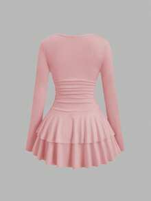 Sweetra Petite 女士秋冬咖啡色不对称长袖金属装饰层叠荷叶边迷你连衣裙 - 藕粉色 - 查看 2