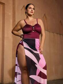Swim Oasis New Elegant Floral Print Plus Size One-Piece Swimsuit With Skirt Cover-Up, 2-Piece Set - Red Violet - View 6