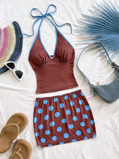 SHEIN x Eduarda Gutierrez Soleia 女士两件套印花露背上衣和迷你裙套装，适合海滩/度假穿着