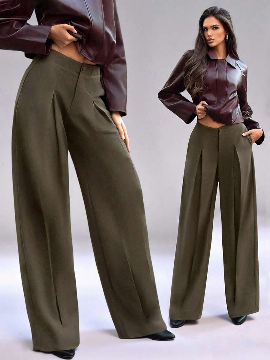 SHEIN TRNDY Damen Vintage elegante plissierte Design Lässig Hose, geeignet für Herbst/Winter - Armeegrün - Übersicht 1