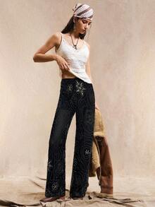 Easelle 女士波西米亚风串珠图案棕色宽松直筒裤，夏季 - 黑色 - 查看 3