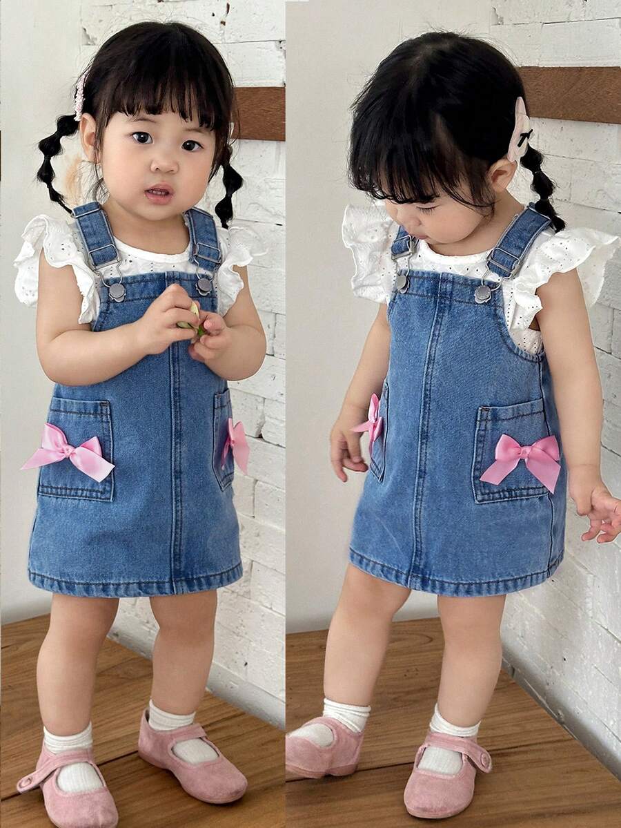 SHEIN 女婴可爱粉色蝴蝶结牛仔连衣裙，儿童女孩春夏休闲度假乡村波西米亚风服装，儿童女孩沙滩装，春假装，锐舞节牛仔连衣裙 - 中等水洗藍 - 查看 1