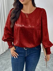 SHEIN LUNE Áo cánh tay bồng cổ tròn họa tiết lá kim loại - Màu Đỏ Sâu - Xem 1
