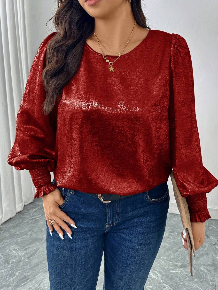 SHEIN LUNE Áo cánh tay bồng cổ tròn họa tiết lá kim loại - Màu Đỏ Sâu - Xem 1