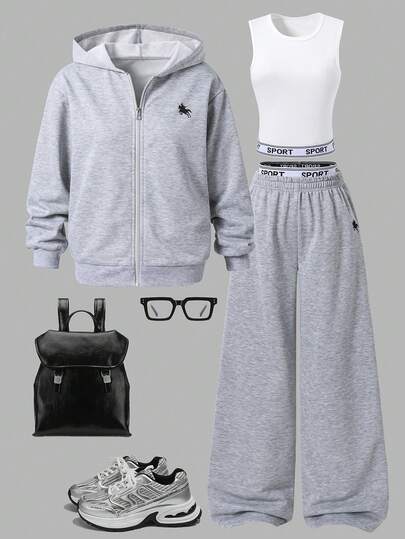 SHEIN Sparklyn 3pcs/Set Teen GirlCasual Outfit, Including Hooded Zip-Up Sweatshirt With Horse Print, White Tank Top, And Elastic Waist Straight Leg Pants, Autumn