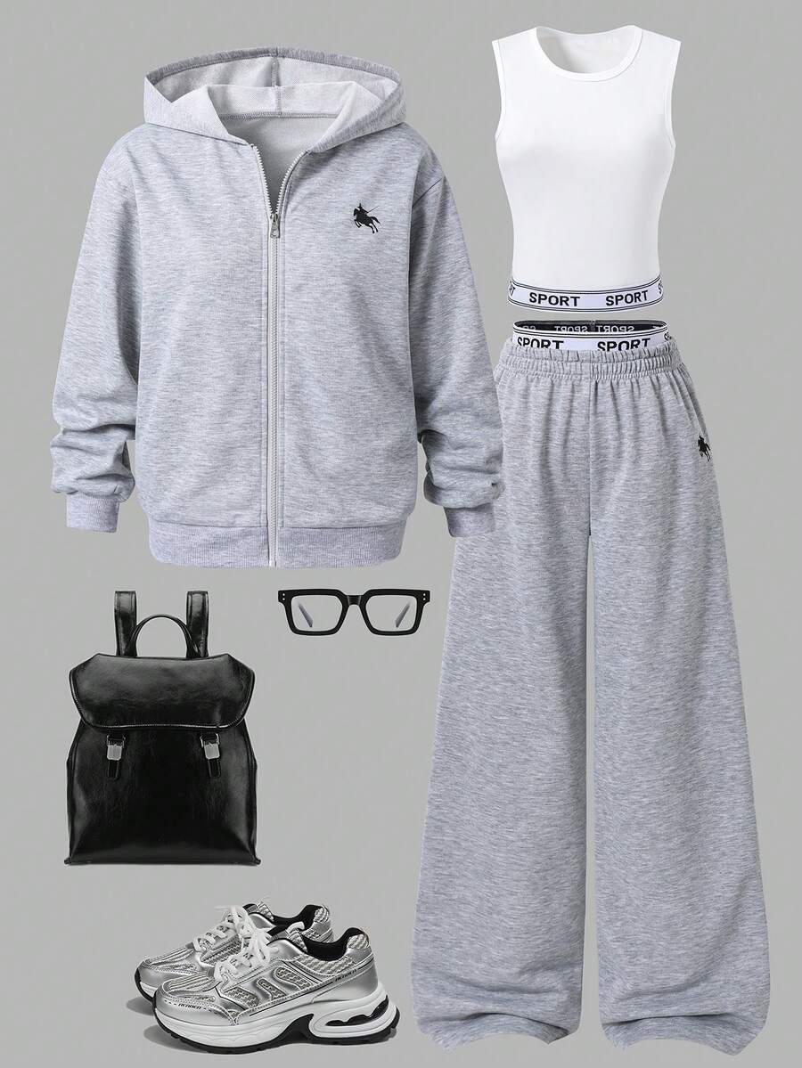 SHEIN Sparklyn 三件套少女休闲套装，包括带马图案的连帽拉链卫衣、白色背心和松紧腰直筒裤，秋季款 - 灰色 - 查看 1