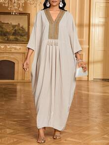 SHEIN Lady Women's V-Neck Batwing Sleeve Loose Casual Mid-Length Patchwork Tassel Design Dress Abayas Dubai Luxury Caftan Dress Kaftans For Women - Khaki - View 7