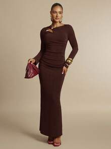 Silquee Burgundy Asymmetric Hollow Neck Elastic Fitted Ruched Dress With Gold Decor Buttons, Suitable For Romantic Dates, Wedding Parties, Valentine's Day - Coffee Brown - View 8