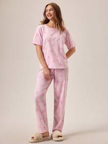 Women COTTON 2pcs Striped&Bow Pattern Round Neck Short Sleeved Shirt&Pants Homewear Cute Pajama Set - Pink - View 4