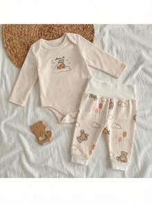 Loomiva Newborn Baby Girl/Boy Cartoon Bear Pattern Knitted Soft Crew Neck Long Sleeve Bodysuit & Elastic Waist Pants 2pcs Set - Multicolor - View 3