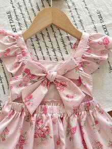 SHEIN 女婴优雅可爱粉色碎花荷叶边蝴蝶结连衣裙 - 粉色 - 查看 6