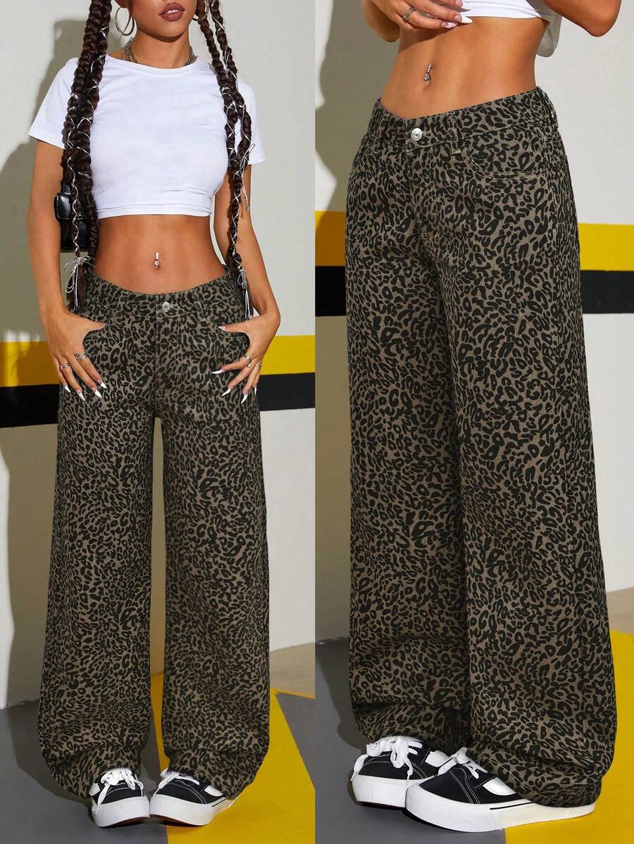 SHEIN Tall 時尚低腰豹紋水洗直筒牛仔褲，適合高個女性 - 彩色 - 查看 1