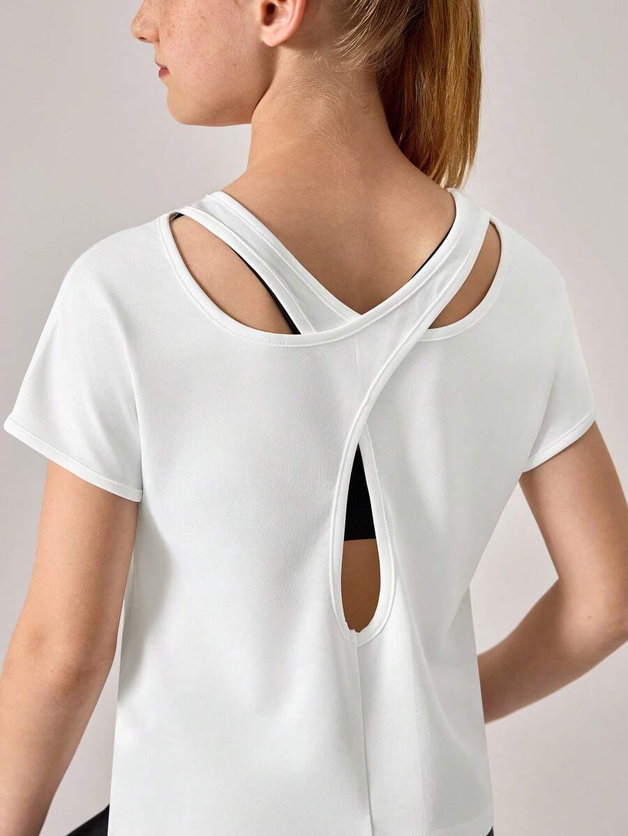SHEIN Tween Girls' Casual Solid Color Hollow Back T-Shirt, Summer - White - View 1