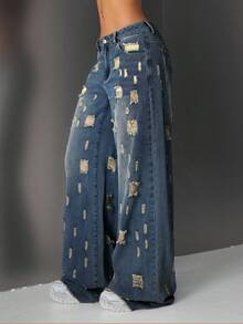 Jeanoix Quần jeans nữ ống rộng, có túi và cúc, kiểu dáng thoải mái, đa năng, thích hợp cho việc đi làm đường phố. - Màu xanh lam - Xem 3