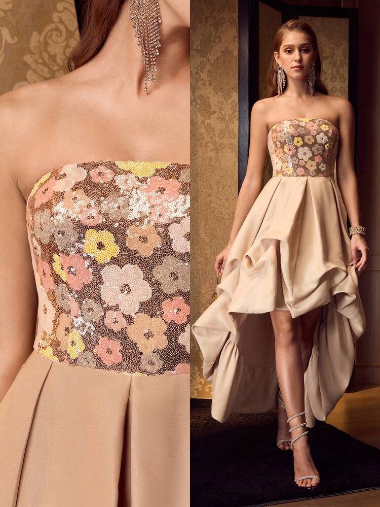 MOTF Soiréza WOMEN'S SEQUIN BODICE FLORAL PATTERN ASYMMETRIC RUFFLE HEM STRAPLESS COCKTAIL DRESS