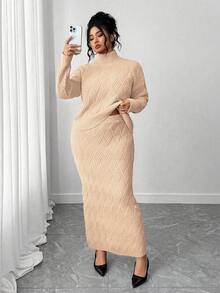 Elenzga 大码毛衣和紧身半裙两件套，休闲宽松圆领套头衫曲线半裙两件套连衣裙套装，端庄两件套，优雅曲线两件套。 - 卡其色 - 查看 7