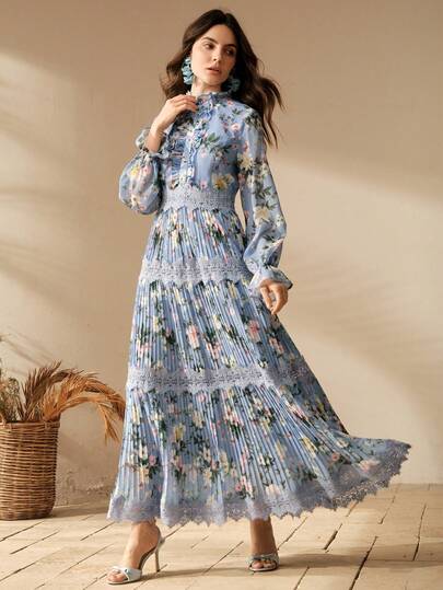 Anewsta Elegant Floral Print Ruffle Collar Pleated Patchwork Long Dress For Women, Spring To Summer