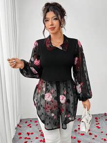 SHEIN Elenzya 大码女式优雅通勤花卉印花网纱拼接上衣 情人节 - 彩色 - 查看 4